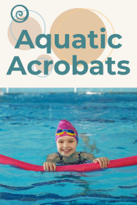 Child smiling in a swimming pool with a pool noodle, promoting the Aquatic Acrobats therapy program.