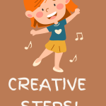 Illustration of a smiling child dancing with music notes, promoting the Creative Steps therapy program.