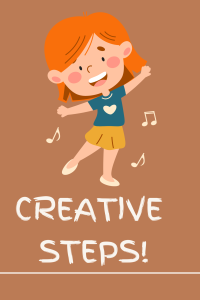 Illustration of a smiling child dancing with music notes, promoting the Creative Steps therapy program.