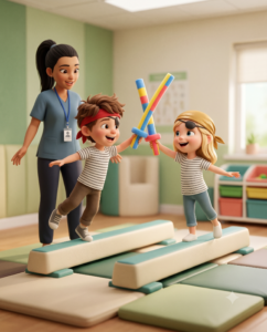 Two children dressed as pirates balance on a foam beam holding pool noodle swords, supervised by an occupational therapist, at Koru Allied Therapies.