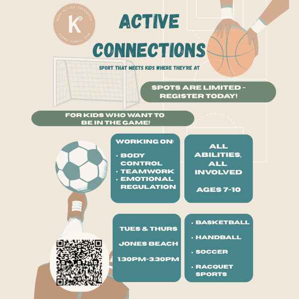 Active Connections school holiday sports group flyer – ages 7 to 10, Tuesdays and Thursdays 1.30pm to 3.30pm, basketball, handball, soccer and racquet sports